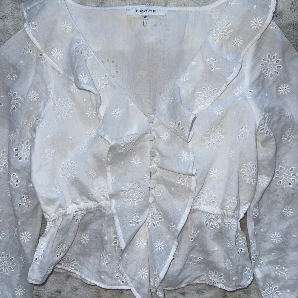 FRAME Ruffle-Front Eyelet Top Size XS - Picture 8 of 16